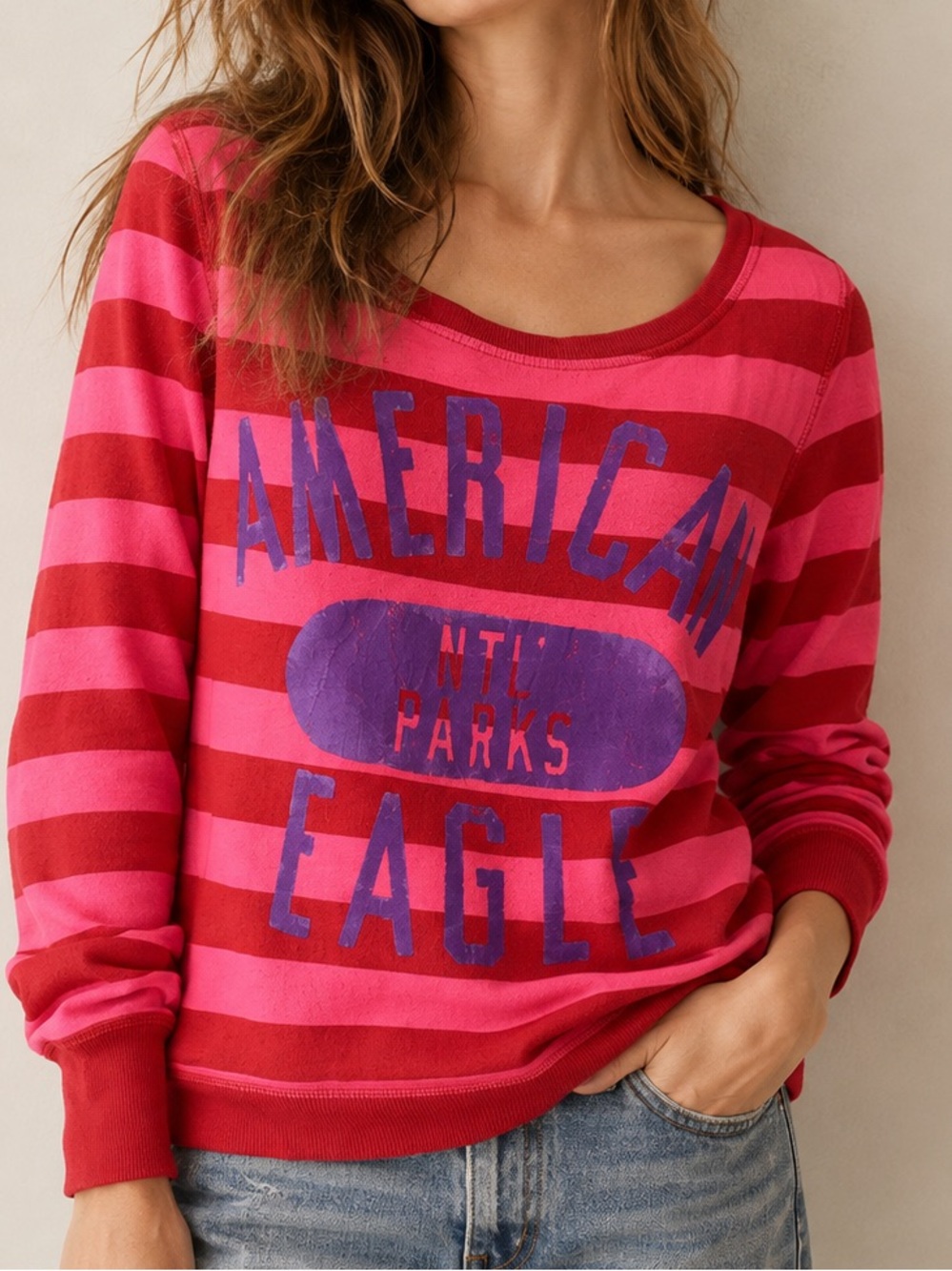 American Eagle Pink Purple Stripe Sweatshirt Fleece Size Small